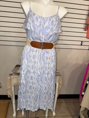 A. Byer Light Blue & White Ikat Midi Dress with Ruffle Bodice
